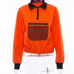 Orange Half Open Collar Long Sleeve Loose Crop Top